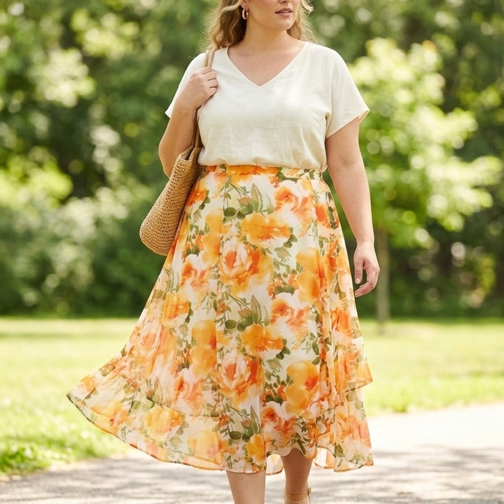 Cato Orange Floral Slip Skirt with Green Accents